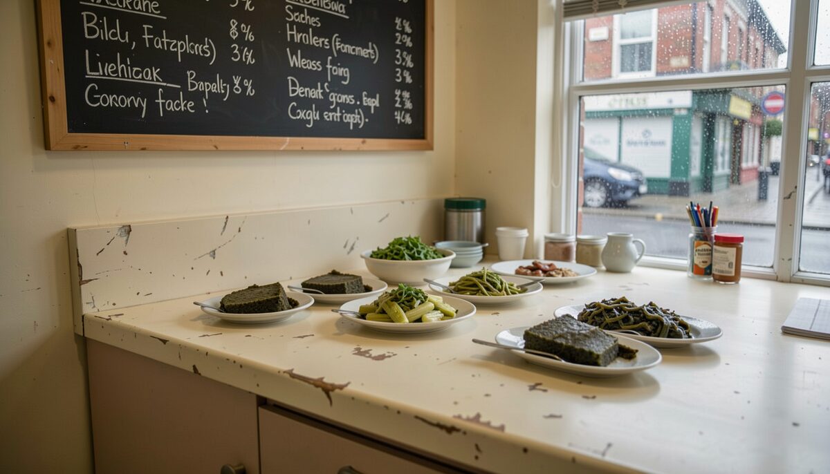 A worn Formica counter in a Welsh canteen on Clifton Street, Cardiff, with a chalkboard menu above it, plates of laverbread and leek dishes in soft morning light, the street door open to a wet pavement