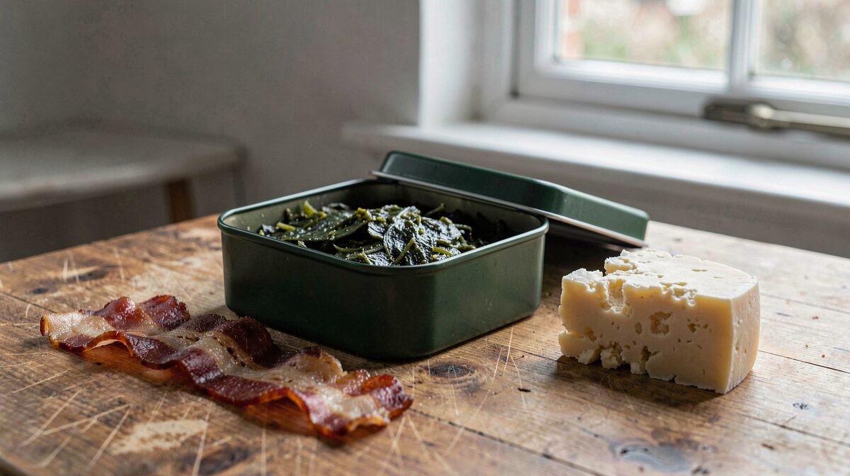 A dark green tinned laverbread opened on a scrubbed wooden table beside a rasher of dry-cured bacon and a wedge of crumbly pale cheese, with a thin grey light from a Cardiff terrace window falling across the tin.