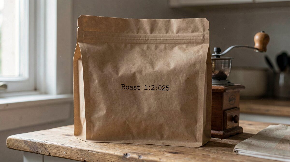 A plain kraft coffee bag with a printed roast date standing on a wooden counter beside a hand grinder, in soft morning window light, shot close at counter height.