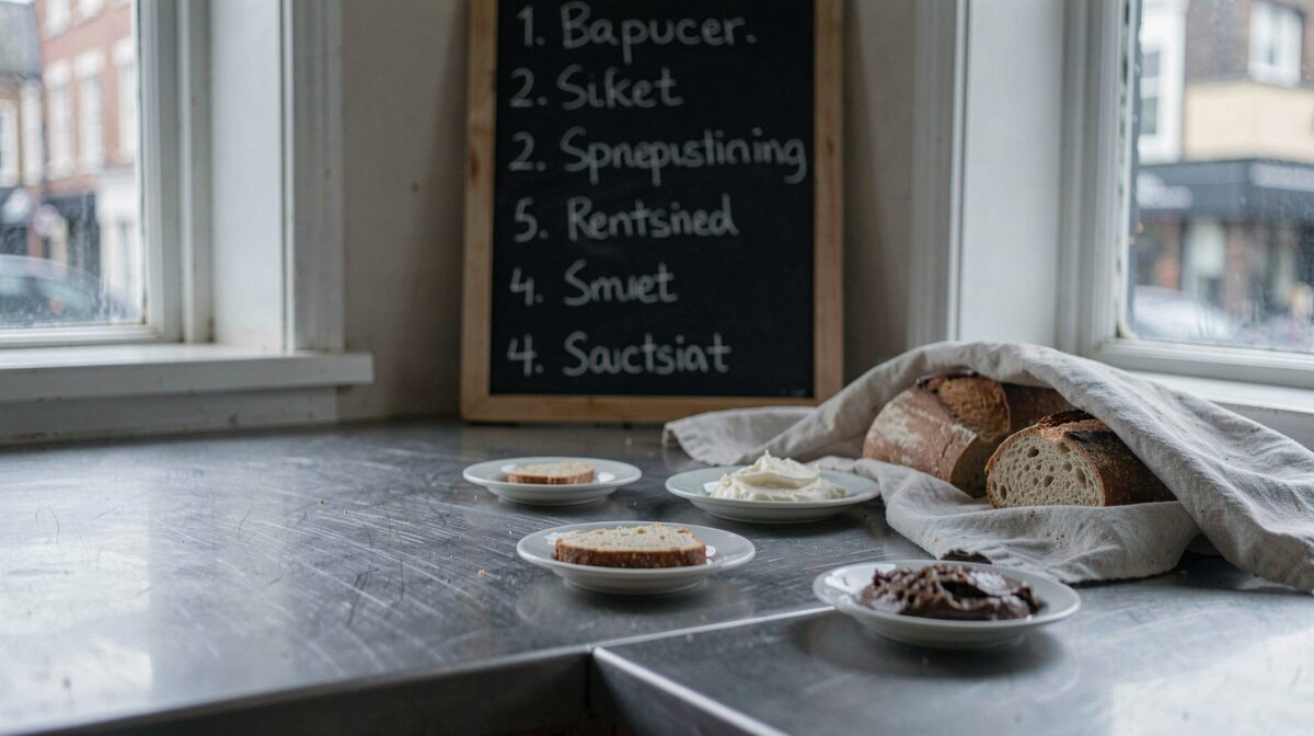 A short row of small plates on a stainless steel canteen counter at seven in the morning, a chalk board behind with eight handwritten lines, a cloth over bread, cold grey light from a side window on Clifton Street.