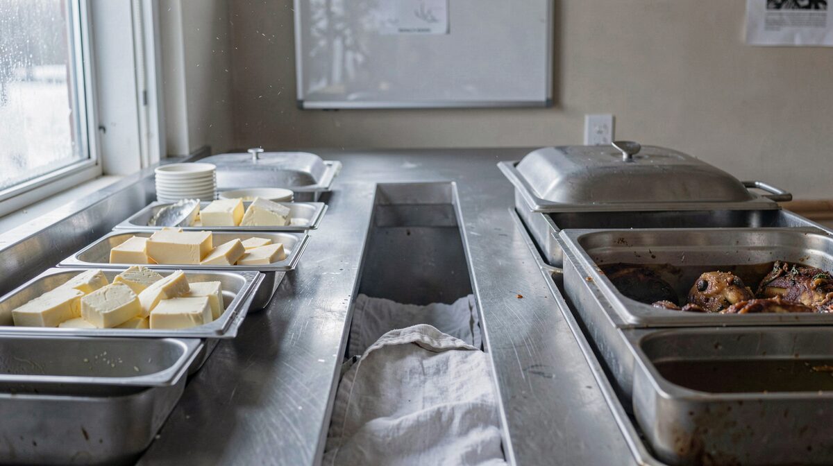 A stainless steel canteen counter at seven in the morning, cold trays of butter and cheese on the left, covered hot wells on the right, one clear gap at the end, a folded cloth underneath, cold winter light from a side window.